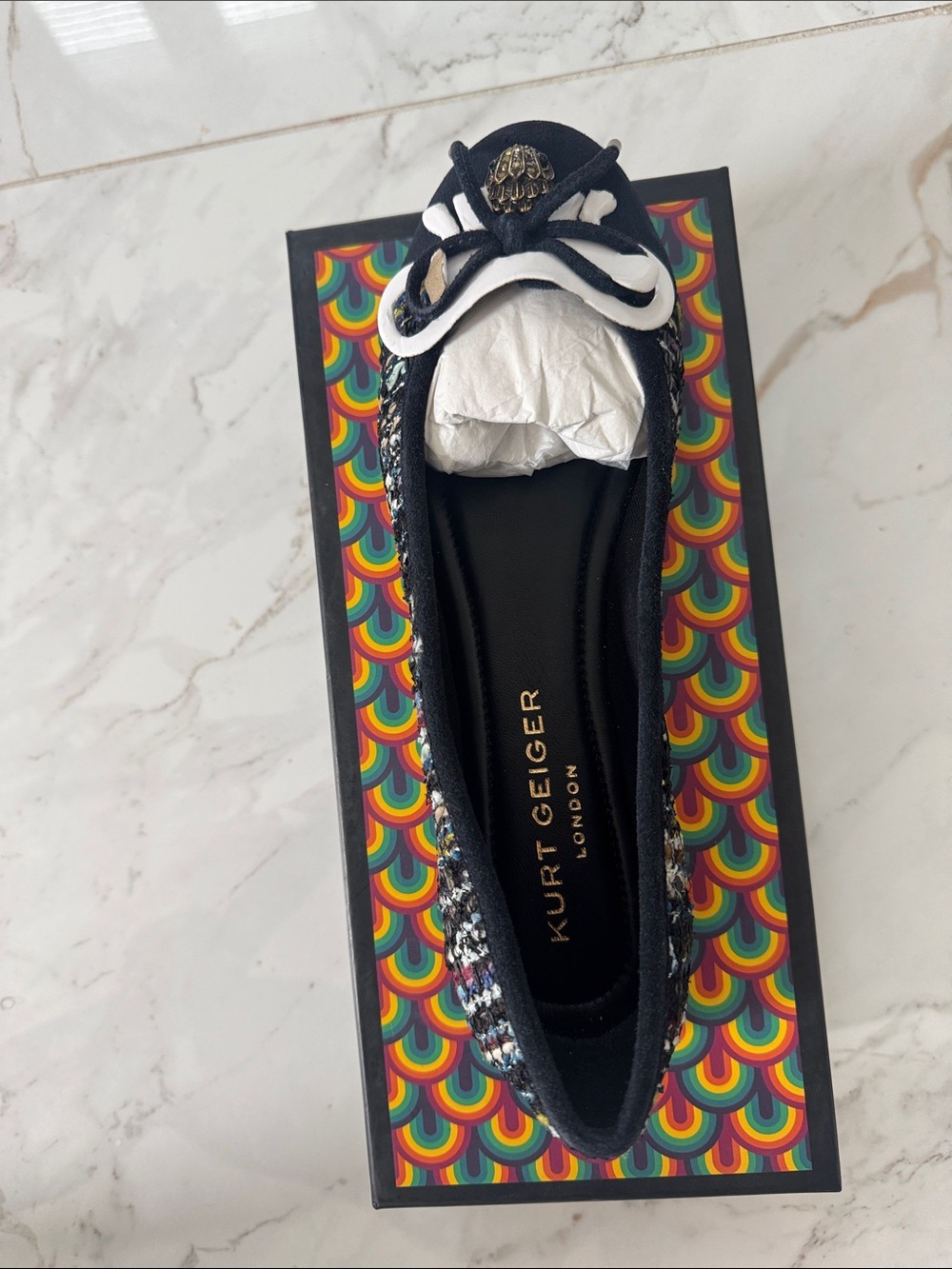Kurt Geiger Navy and White Tweed Ballet Flat with Bow Accent